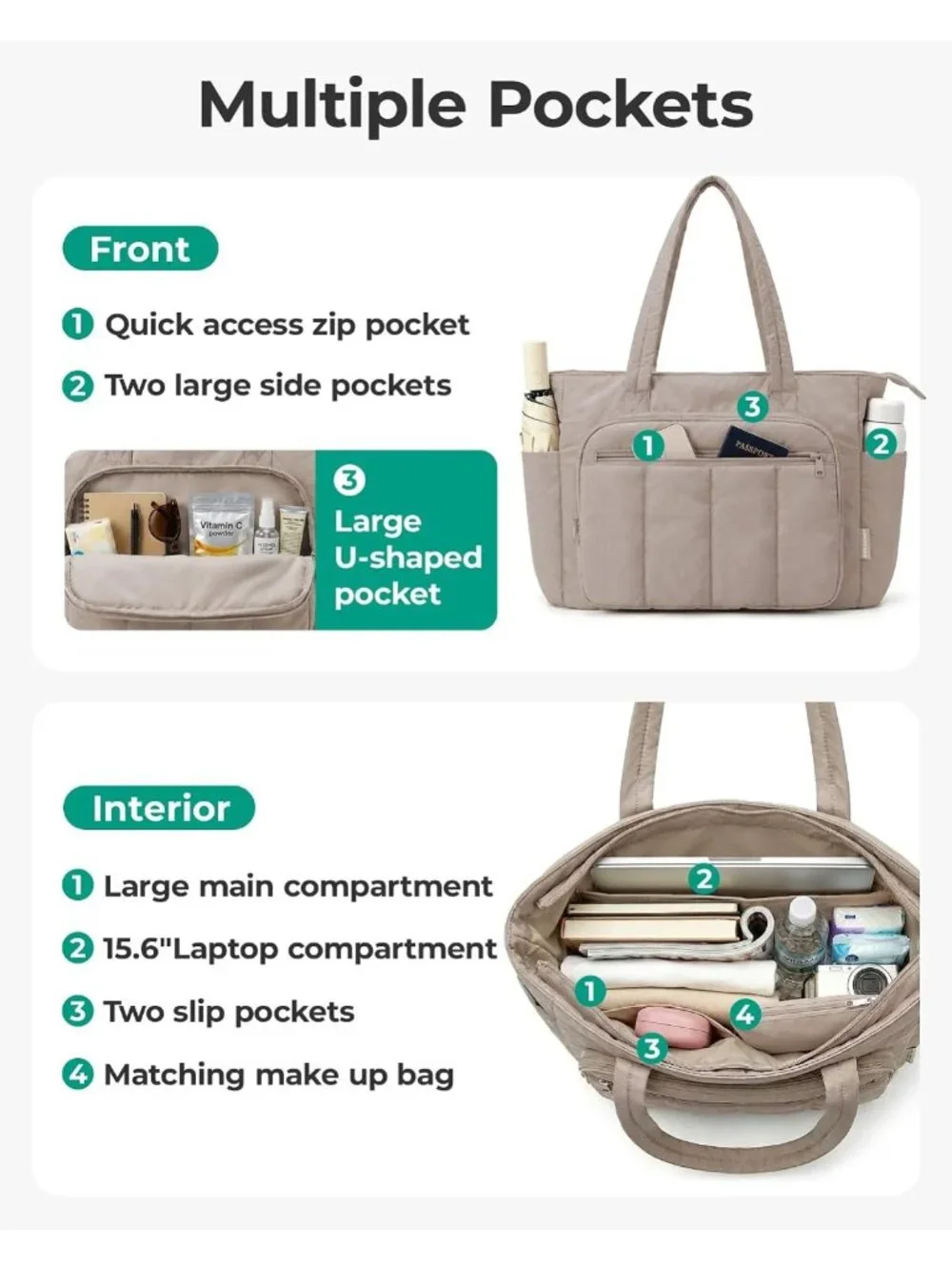 Stylish Quilted Tote Bag Set for Women | 15.6'' Laptop & Work Travel, 20L